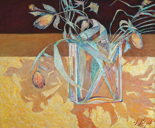 Flowers in a glass vase de Sergej Sologub, Pintura a la venta en Singulart
