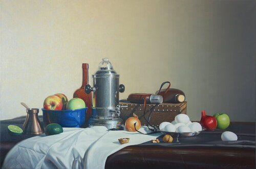 Stilleben mit silberne Kaffe Kanne. Sergej Sologub