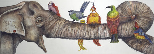 Birds on a Trunk de Linnea Pergola, Pintura a la venta en Singulart