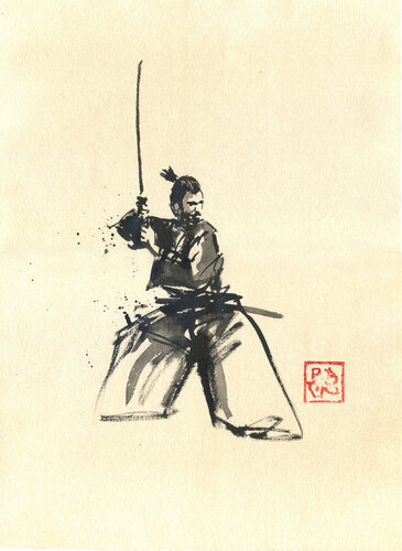 samourai en garde (papier vieilli, bord naturel) by Pechane Sumie, Drawing for Sale on Singulart