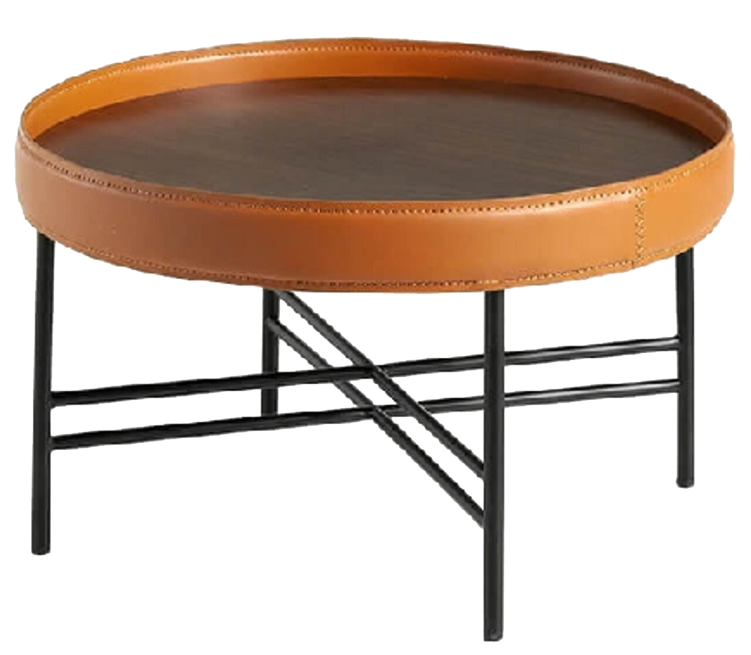 ROUND COFFEE TABLE IN WALNUT WOOD UPHOLSTERED IN LEATHER AND BLACK