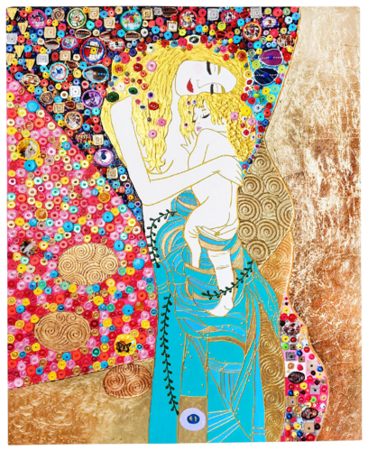 Mother and baby. Woman and child love art with natural gemstones, gold leaf (petal), Murano glass mosaic. Gustav Klimt style colorful wall art for home decor by Irina BAST, 조각 for Sale on Singulart