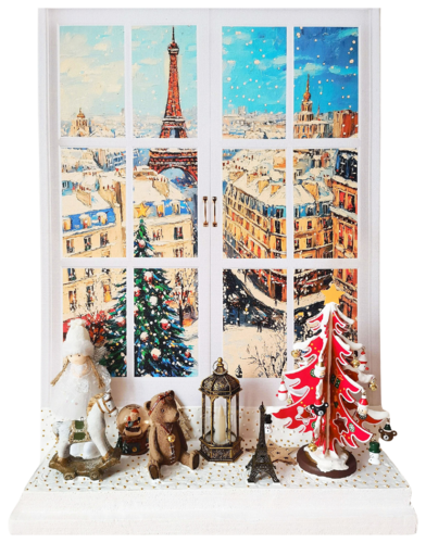 Retro winter in Paris. Eiffel Tower, France, cityscape buildings. Fantasy fairytale fine art naive impressionistic style wall sculpture with toys. Cozy peaceful wall art for kids child's room nursery home decor von Irina BAST, Skulptur kaufen auf Singulart
