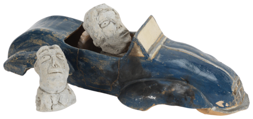 A glazed pottery model of a blue sports car, together with two clay modelled busts reputedly made by Sir Terence Conran, Sir Eduardo Paolozzi and Francis Bacon during a weekend at Barton Court van Francis Bacon, Beeldhouwwerk te koop op Singulart