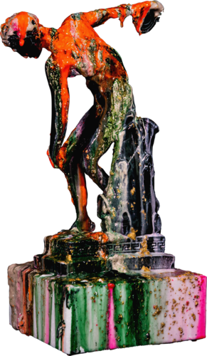 Discobolus fluo orange 24k gold di Antoni Dragan, Scultura in vendita su Singulart