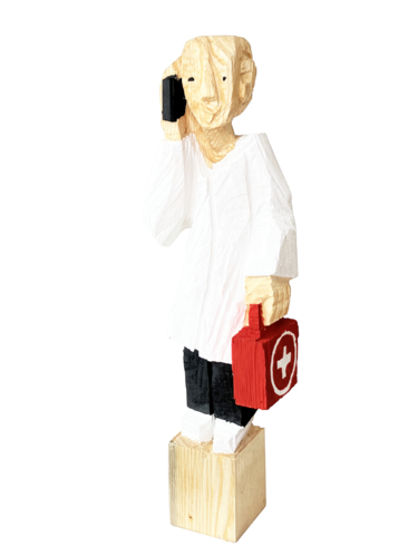 Ärzt mit Koffer am telefonieren di Jörg Herz, Scultura in vendita su Singulart