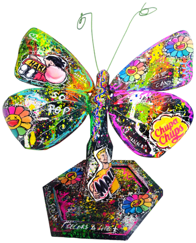 Pop Butterfly #2 - Statue Papillon pop art résine unique van Priscilla Vettese, Beeldhouwwerk te koop op Singulart