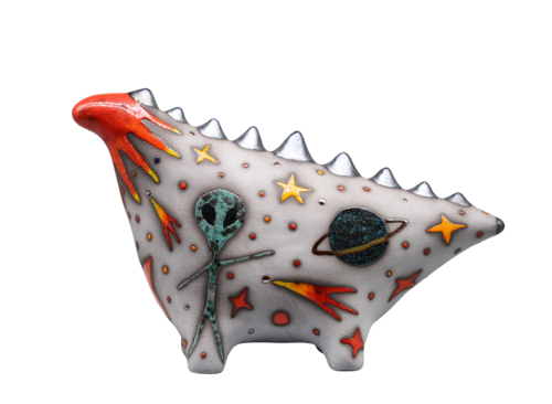 "Space Pal" — Handmade Cosmic Ceramic Dinosaur with Alien Art by Valery Kirillov, Sculpture for Sale on Singulart